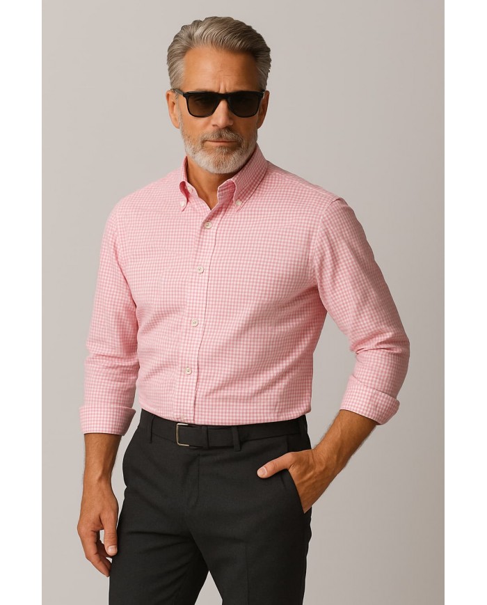 Chemise Homme Angelo Ricci Regular Fit en Popeline Motif Vichy - Rose et Blanc