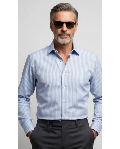 Chemise Homme Angelo Ricci Regular Fit en Popeline Rayée - Bleu Clair et Gris