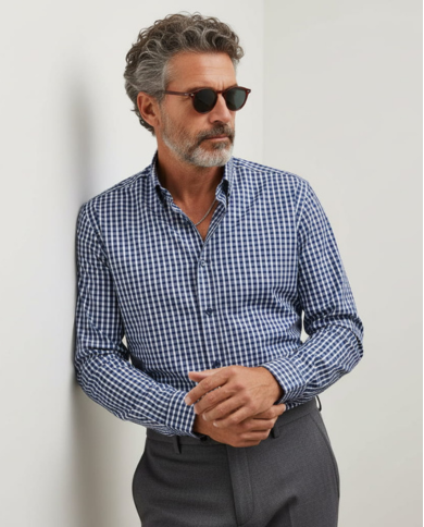 Chemise homme en popeline italienne, col boutonné, coupe regular fit