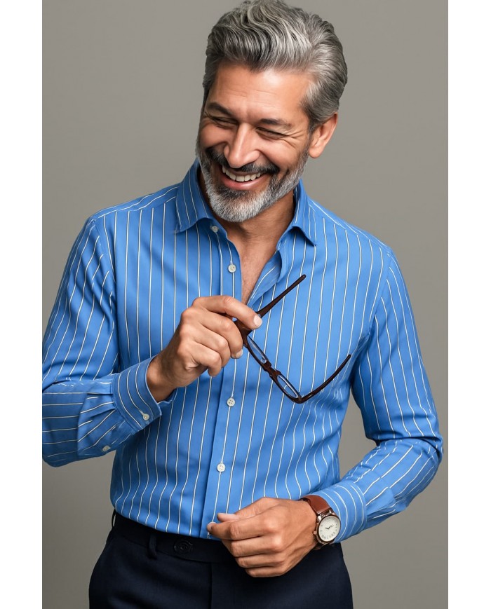 Chemise Homme Angelo Ricci Regular Fit en Popeline à Rayures - Bleu Ciel et Blanc