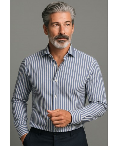 Chemise Homme Angelo Ricci Regular Fit en Popeline à Rayures Bleues et Blanches (Large)