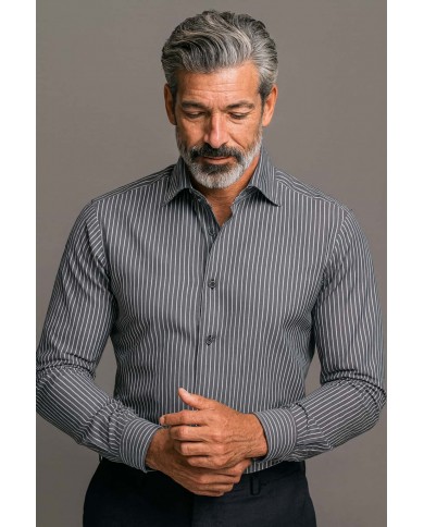 Chemise Homme Angelo Ricci Regular Fit en Popeline Rayée - Gris Anthracite et Blanc