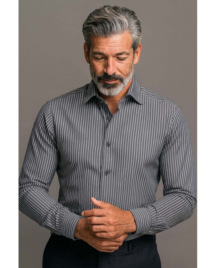 Chemise Homme Angelo Ricci Regular Fit en Popeline Rayée - Gris Anthracite et Blanc