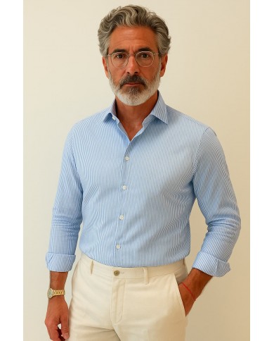 Chemise Homme Angelo Ricci Regular Fit en Popeline Rayée - Bleu Clair et Blanc