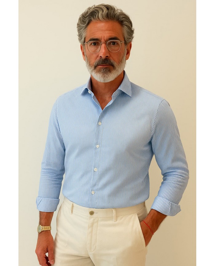 Chemise Homme Angelo Ricci Regular Fit en Popeline Rayée - Bleu Clair et Blanc