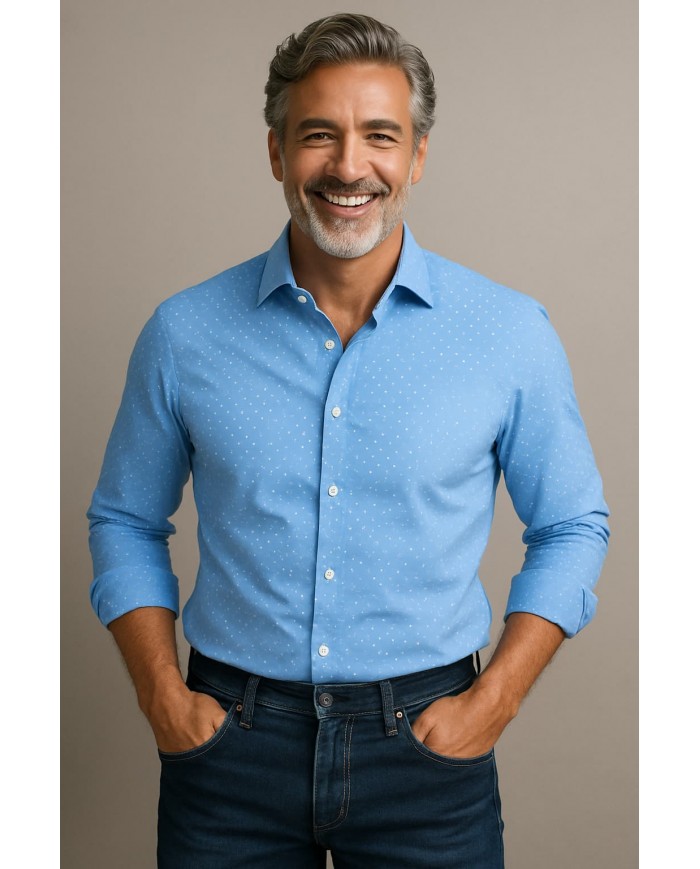 Chemise homme en popeline italienne, bleu clair à micro-pois, coupe regular fit,
