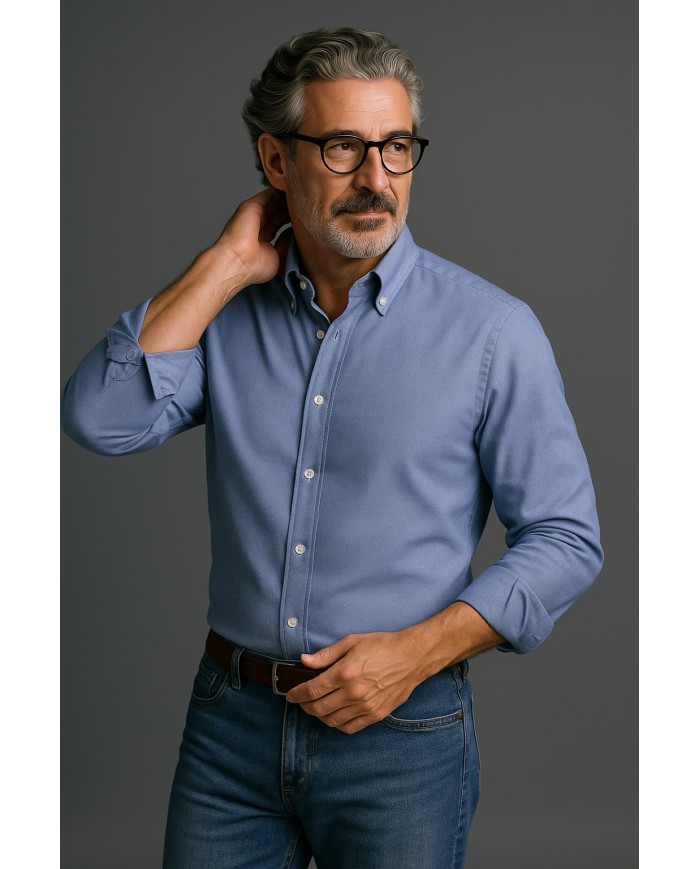 Chemise Homme Angelo Ricci Regular Fit en Oxford Uni - Bleu Clair