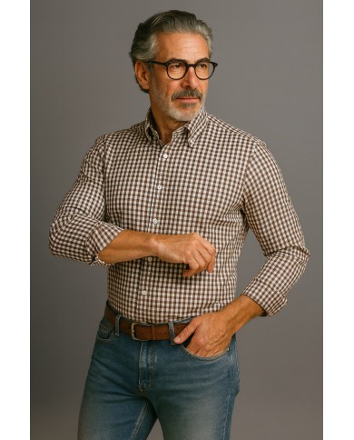 Chemise Homme Angelo Ricci Regular Fit à Carreaux - Marron et Blanc