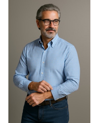 Chemise Homme Angelo Ricci Regular Fit en Popeline à Carreaux Vichy - Bleu Ciel et Blanc