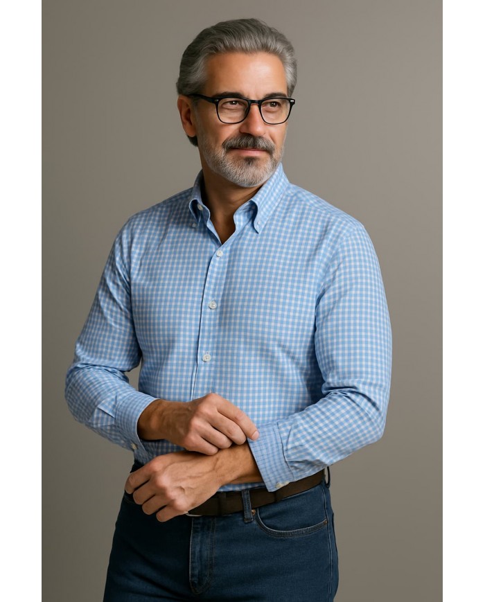 Chemise Homme Angelo Ricci Regular Fit en Popeline à Carreaux Vichy - Bleu Ciel et Blanc