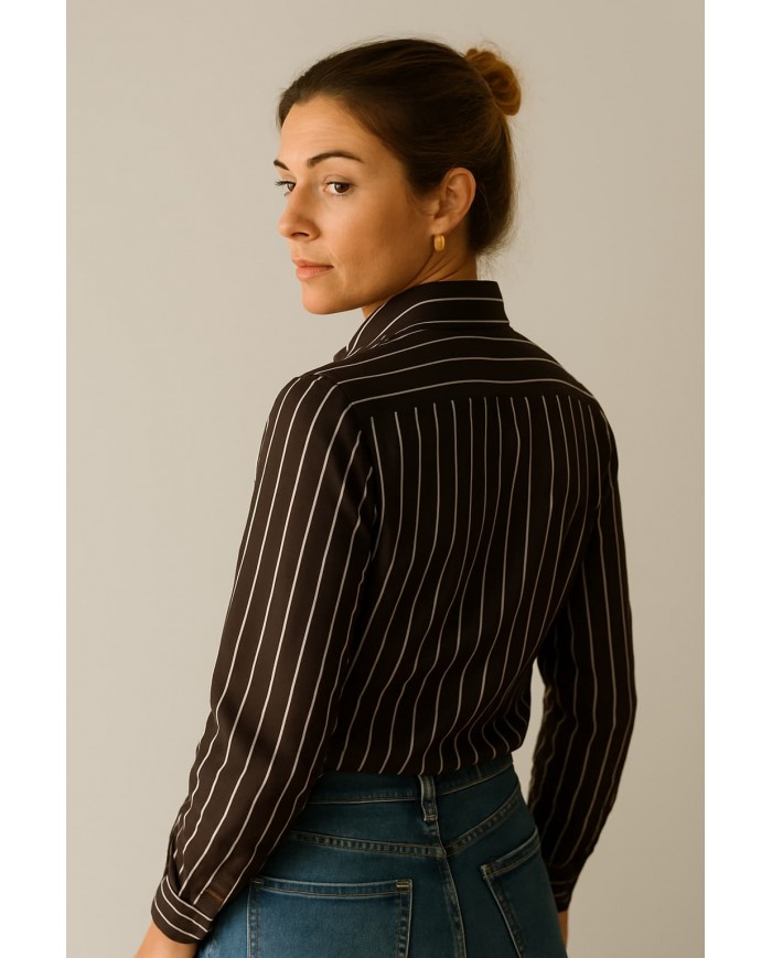 Chemise Femme Angelo Ricci Regular Fit en Popeline Rayée - Marron et Blanc