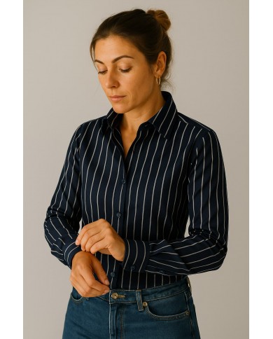 Chemise Femme Angelo Ricci Regular Fit en Popeline Rayée - Bleu Marine et Blanc