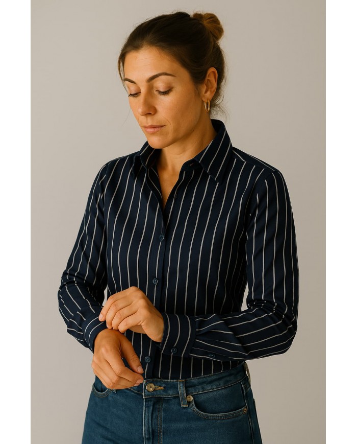 Chemise Femme Angelo Ricci Regular Fit en Popeline Rayée - Bleu Marine et Blanc