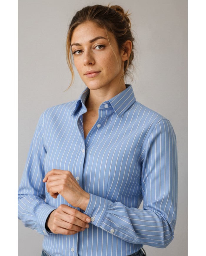 Chemise Femme Angelo Ricci Regular Fit en Popeline à Rayures - Bleu Ciel et Blanc