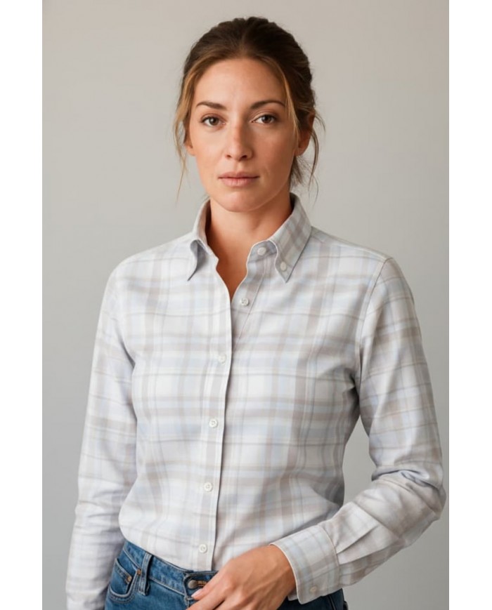 Chemise Femme Angelo Ricci Regular Fit en Popeline à Carreaux - Beige et Bleu Clair