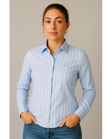 Chemise Femme Angelo Ricci Regular Fit en Popeline Rayée - Bleu Clair et Blanc