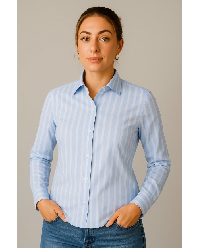 Chemise Femme Angelo Ricci Regular Fit en Popeline Rayée - Bleu Clair et Blanc