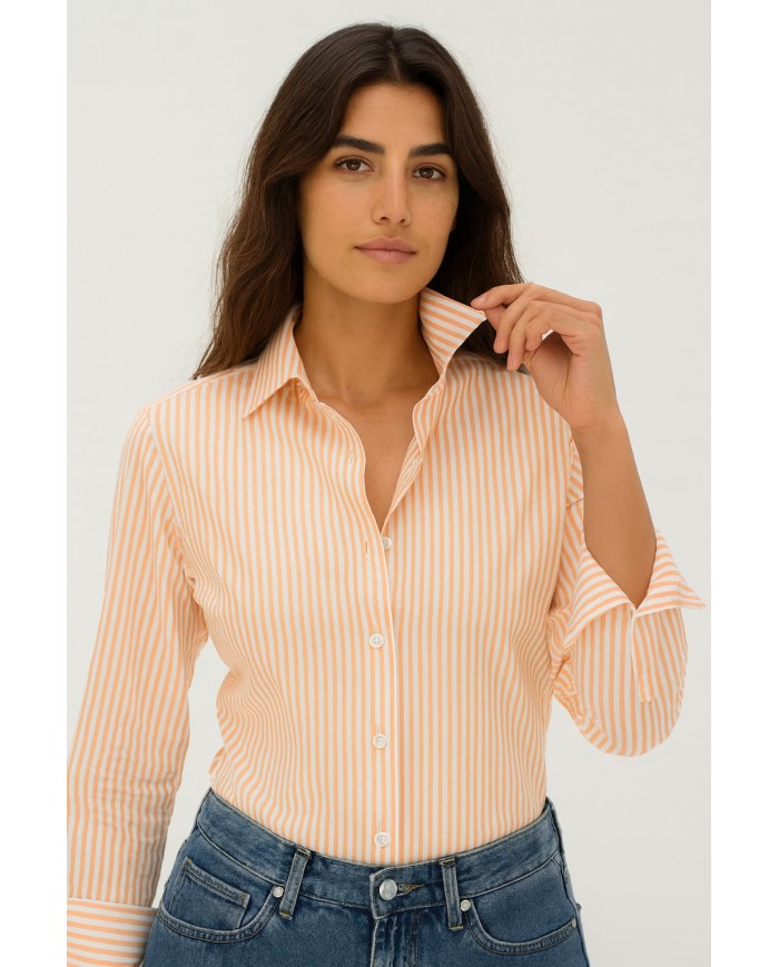 Chemise Femme Angelo Ricci Regular Fit en Popeline Rayée - Orange Pastel et Blanc