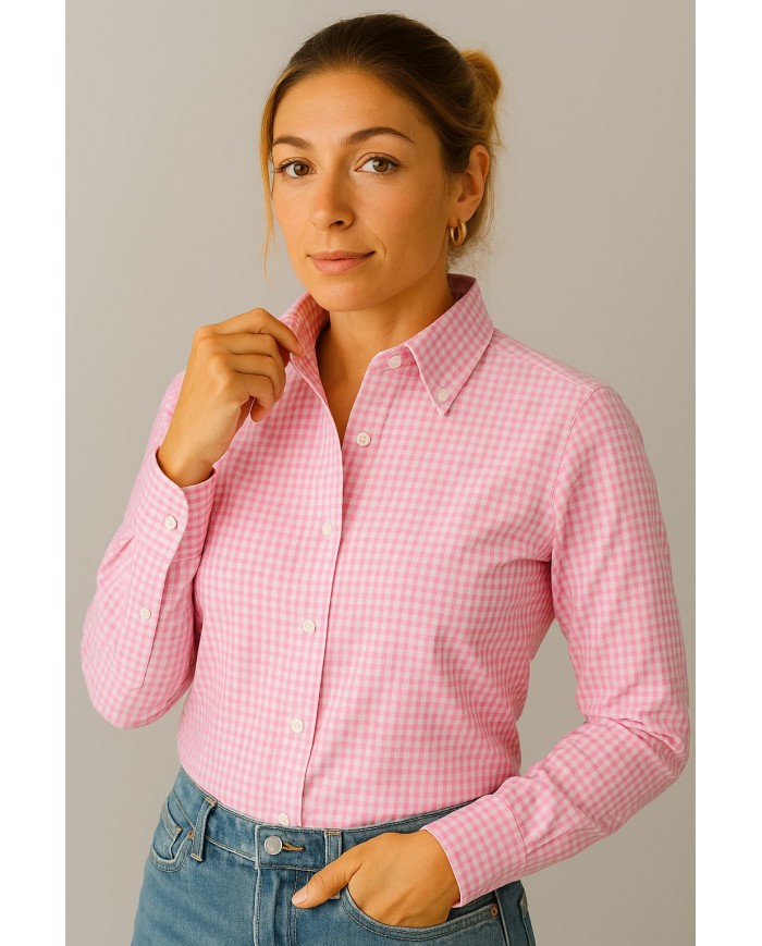 Chemise Femme Angelo Ricci Regular Fit en Popeline Motif Vichy - Rose et Blanc