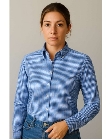 Chemise Femme Angelo Ricci Regular Fit en Popeline Motif Vichy - Bleu et Blanc