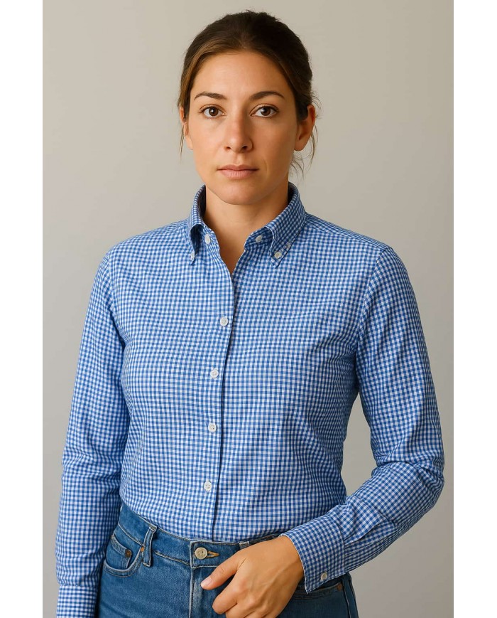 Chemise Femme Angelo Ricci Regular Fit en Popeline Motif Vichy - Bleu et Blanc