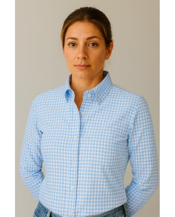 Chemise Femme Angelo Ricci Regular Fit en Popeline Motif Vichy - Bleu Clair et Blanc