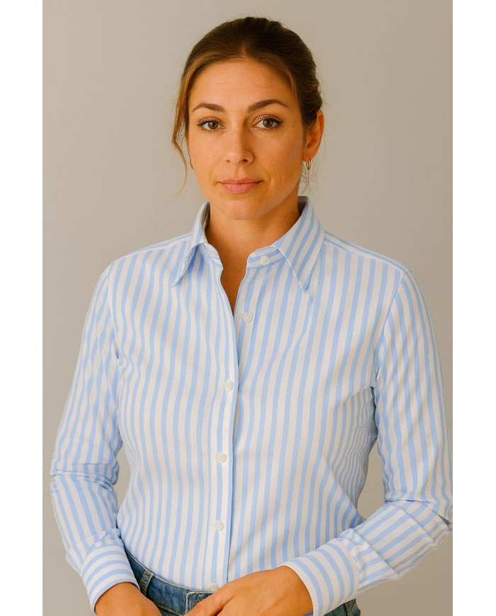 Chemise Femme Angelo Ricci Regular Fit en Popeline Rayée - Bleu Clair et Blanc