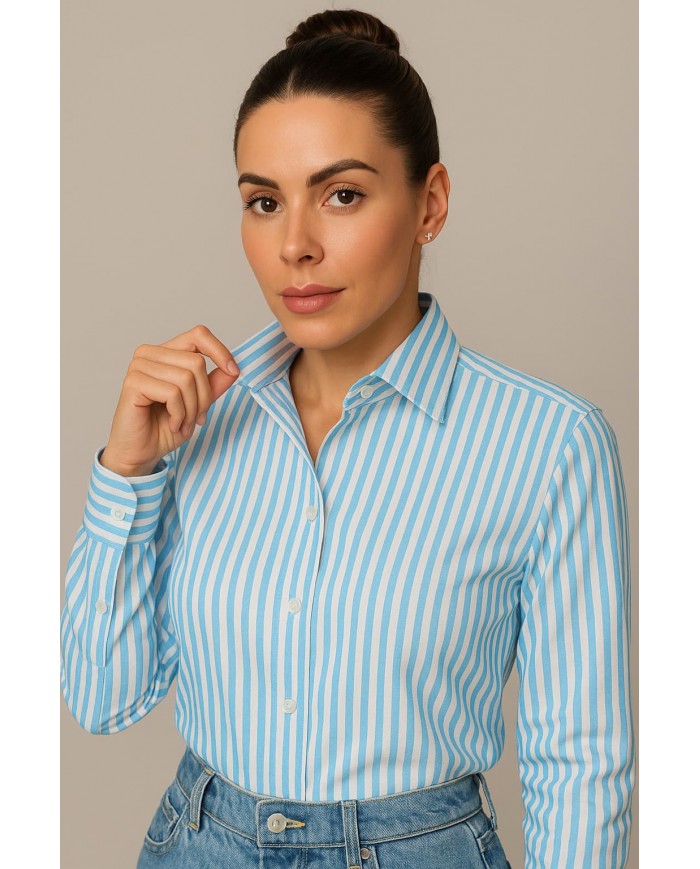 Chemise Femme Angelo Ricci Regular Fit en Popeline à Rayures Bleues et Blanches