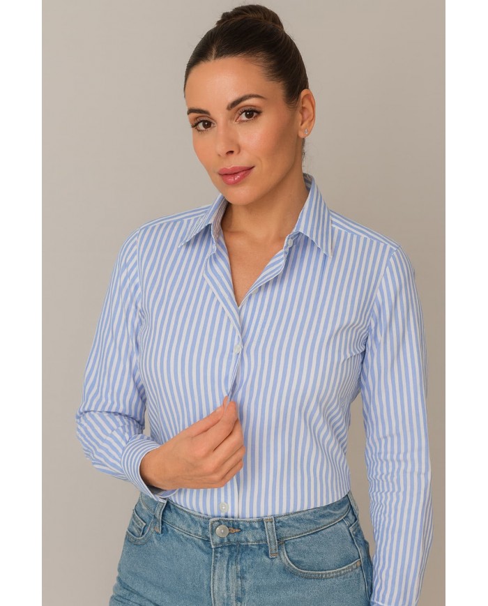 Chemise Femme Angelo Ricci Regular Fit en Popeline à Rayures Bleues et Blanches