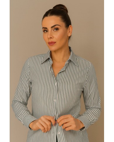 Chemise Femme Angelo Ricci Regular Fit en Popeline à Rayures Vert Sauge et Blanc