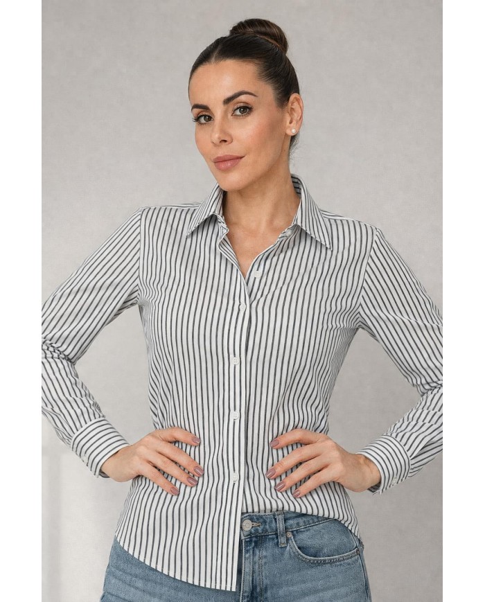 Chemise Femme Angelo Ricci Regular Fit en Popeline à Rayures Noires et Blanches