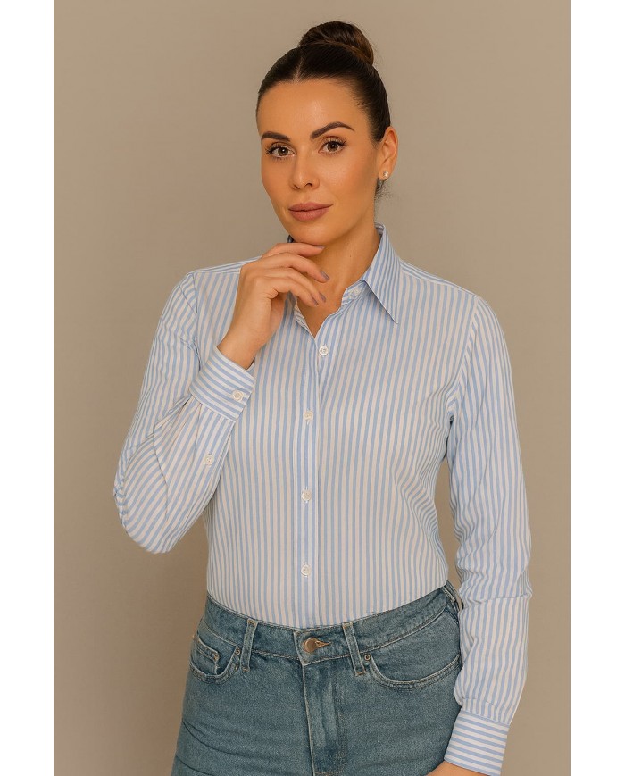 Chemise Femme Angelo Ricci Regular Fit en Popeline à Rayures Fines - Bleu Ciel et Blanc