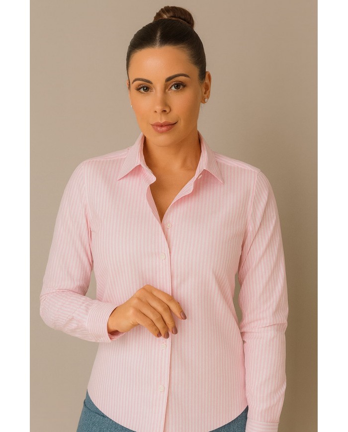 Chemise Femme Angelo Ricci Regular Fit en Popeline Rayée - Rose Clair et Blanc