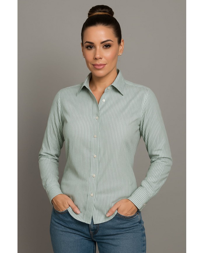 Chemise Femme Angelo Ricci Regular Fit en Popeline Rayée - Vert Clair et Blanc