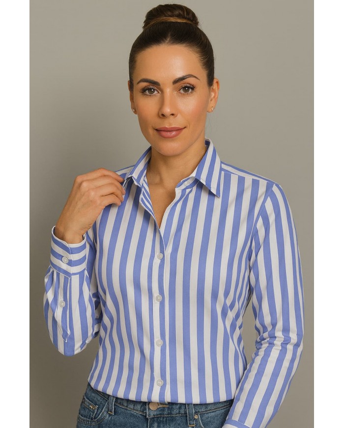 Chemise Femme Angelo Ricci Regular Fit en Popeline Rayée - Bleu et Blanc