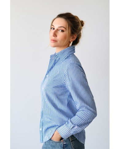 Chemise Femme Angelo Ricci Regular Fit en Popeline à Fines Rayures - Bleu et Blanc