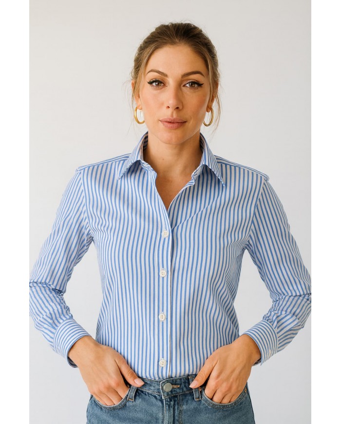 Chemise Femme Angelo Ricci Regular Fit en Popeline à Rayures Larges - Bleu et Blanc