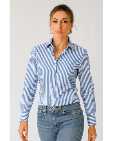 Chemise Femme Angelo Ricci Regular Fit en Popeline à Rayures - Bleu et Blanc