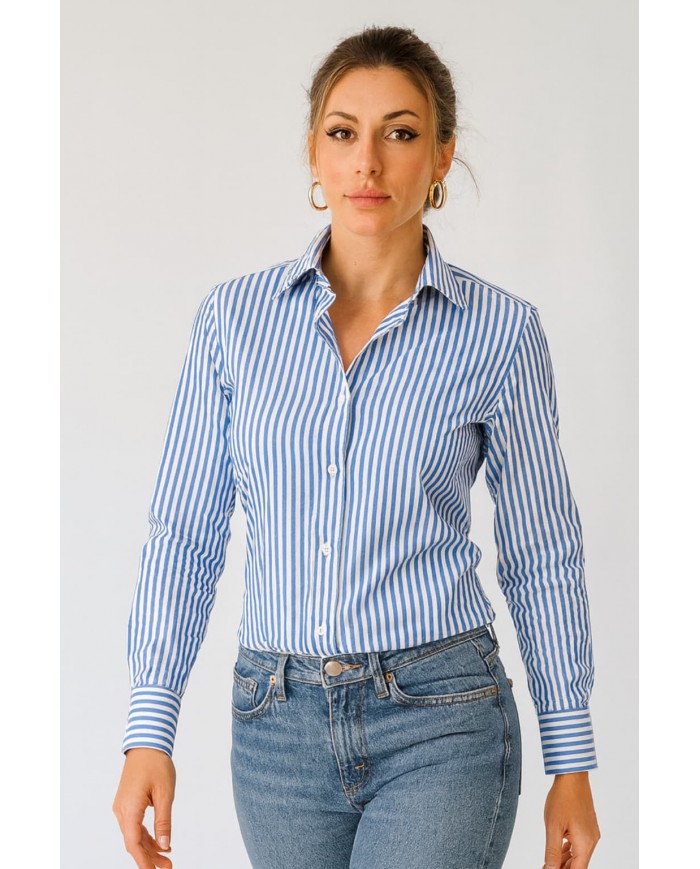 Chemise Femme Angelo Ricci Regular Fit en Popeline à Rayures - Bleu et Blanc