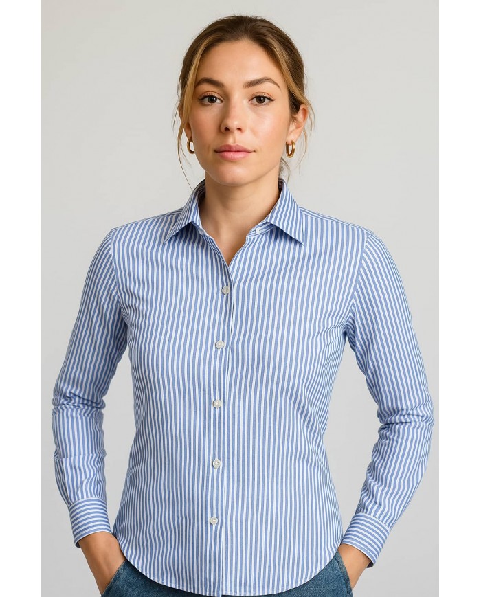 Chemise Femme Angelo Ricci Regular Fit en Popeline Rayée - Bleu et Blanc