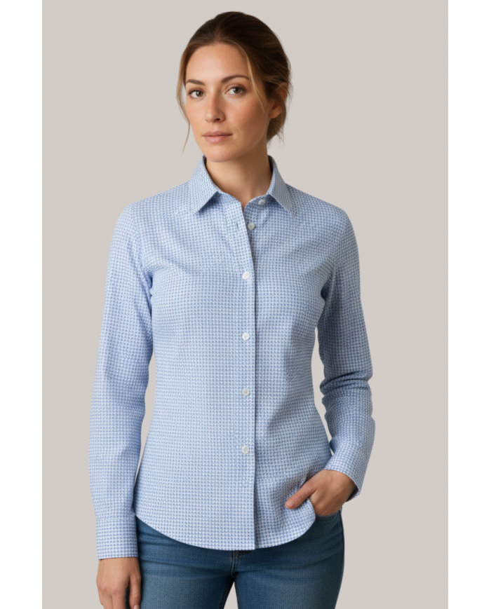Chemise Femme Angelo Ricci Regular Fit en Popeline à Petits Motifs - Bleu et Blanc