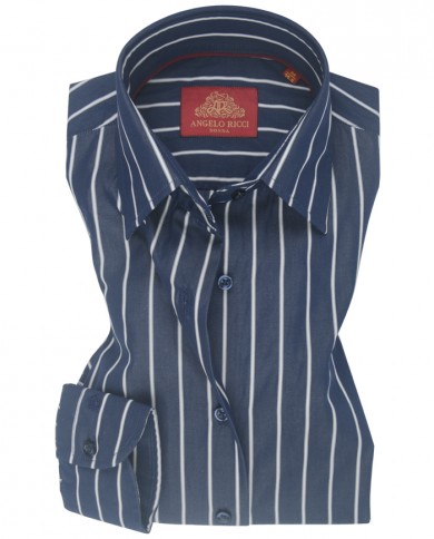 Chemise Femme Angelo Ricci Regular Fit en Popeline Rayée - Bleu Marine et Blanc