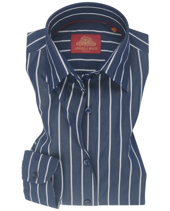 Chemise Femme Angelo Ricci Regular Fit en Popeline Rayée - Bleu Marine et Blanc