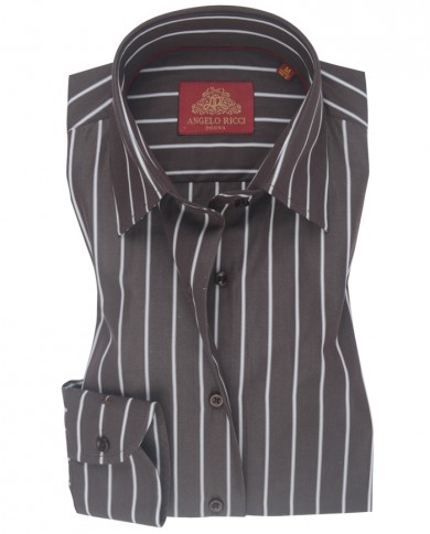 Chemise Femme Angelo Ricci Regular Fit en Popeline Rayée - Marron et Blanc