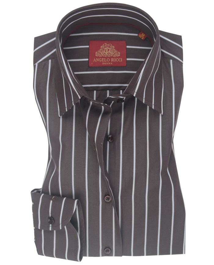 Chemise Femme Angelo Ricci Regular Fit en Popeline Rayée - Marron et Blanc