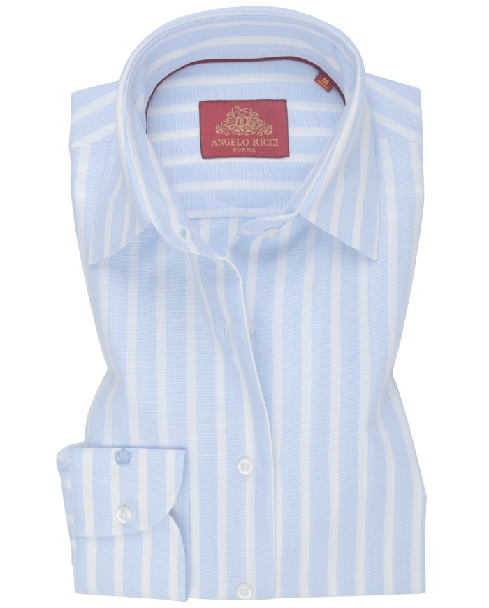 Chemise Femme Angelo Ricci Regular Fit en Popeline Rayée - Bleu Clair et Blanc