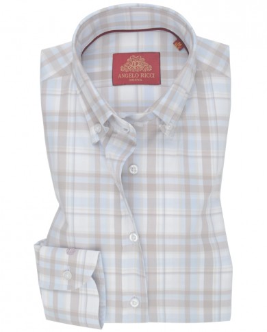 Chemise Femme Angelo Ricci Regular Fit en Popeline à Carreaux - Beige et Bleu Clair