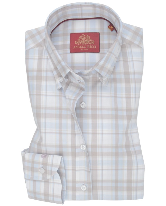 Chemise Femme Angelo Ricci Regular Fit en Popeline à Carreaux - Beige et Bleu Clair