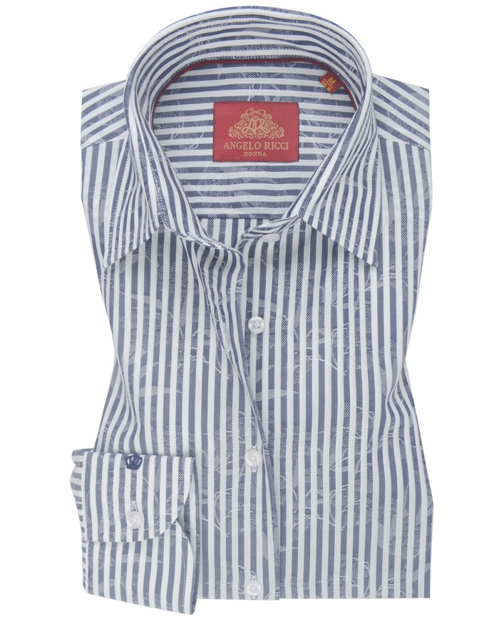 Chemise Femme Angelo Ricci Regular Fit en Popeline Rayée  Bleu Marine et Blanc