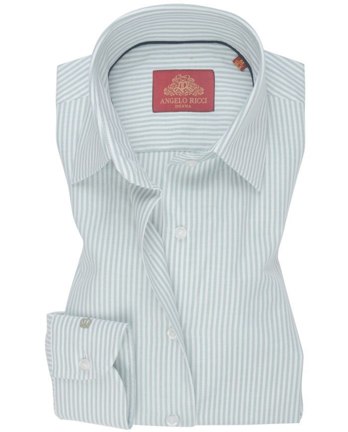 Chemise Femme Angelo Ricci Regular Fit en Popeline Rayée - Vert Clair et Blanc